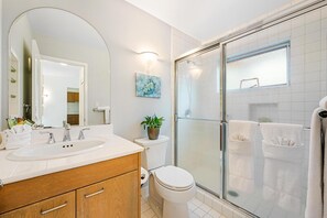 Hair dryer, towels, soap, shampoo