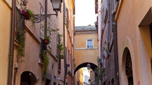 Una calle estrecha flanqueada por edificios, con arcos y plantas colgantes.