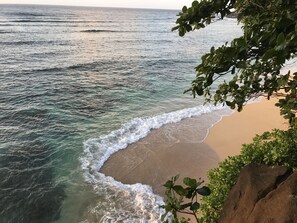 A beach with waves gently lapping onto the shore, surrounded by greenery.