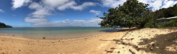 On the beach, sun-loungers, beach towels