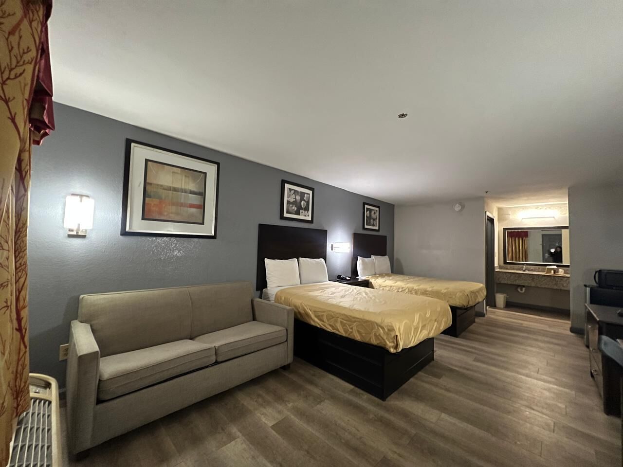 Pillowtop beds, desk, laptop workspace, iron/ironing board