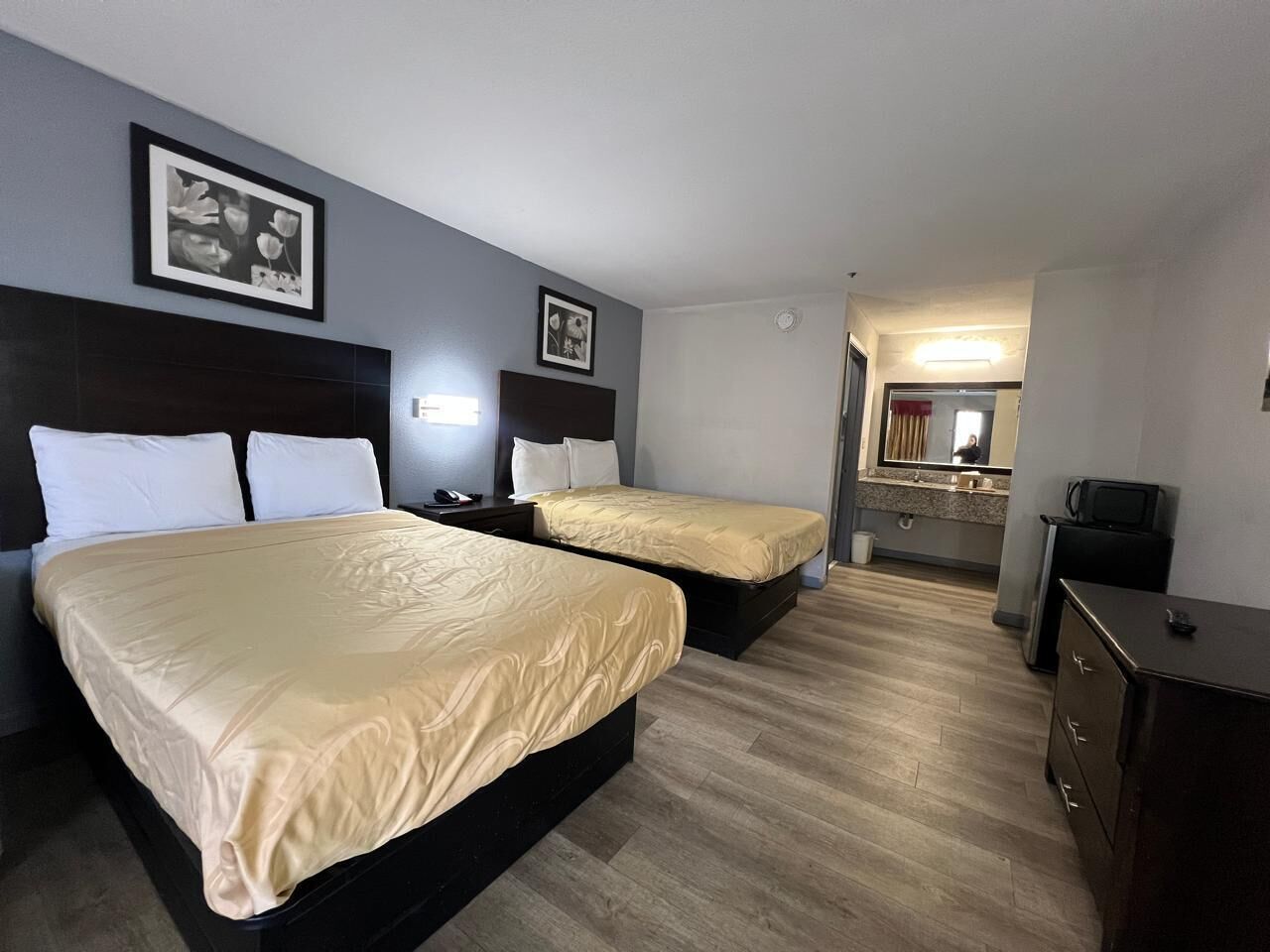 Pillowtop beds, desk, laptop workspace, iron/ironing board