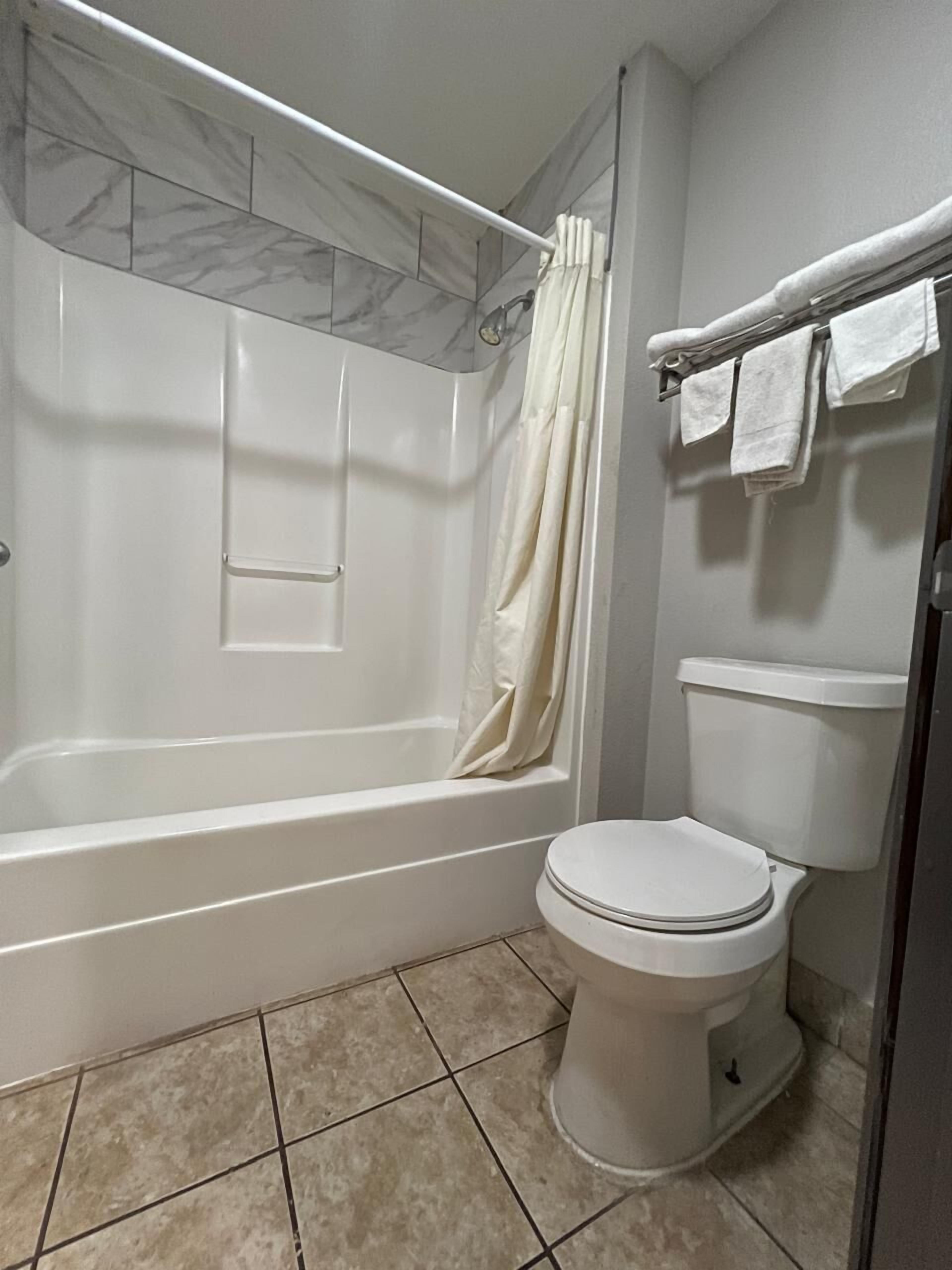 A bathroom with a bathtub, toilet, and a shower curtain.