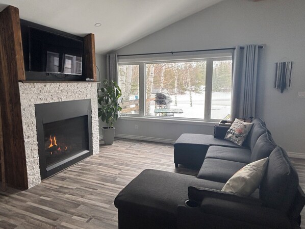 Smart TV, fireplace, DVD player, books