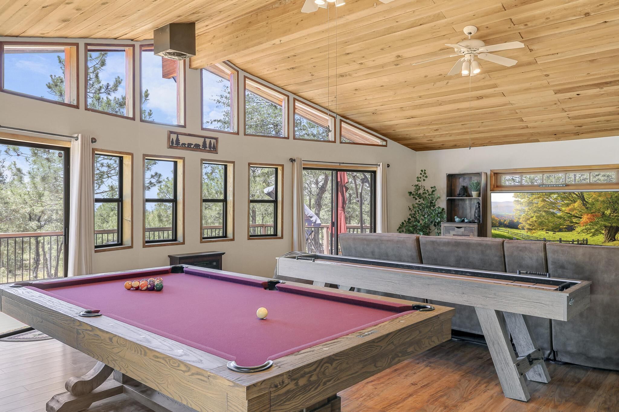 Main area features an with 86" TV, pool table, shuffle board and dart board.