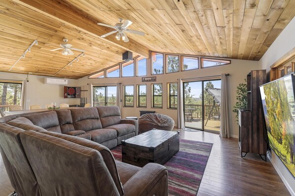 Smart TV, fireplace, books
