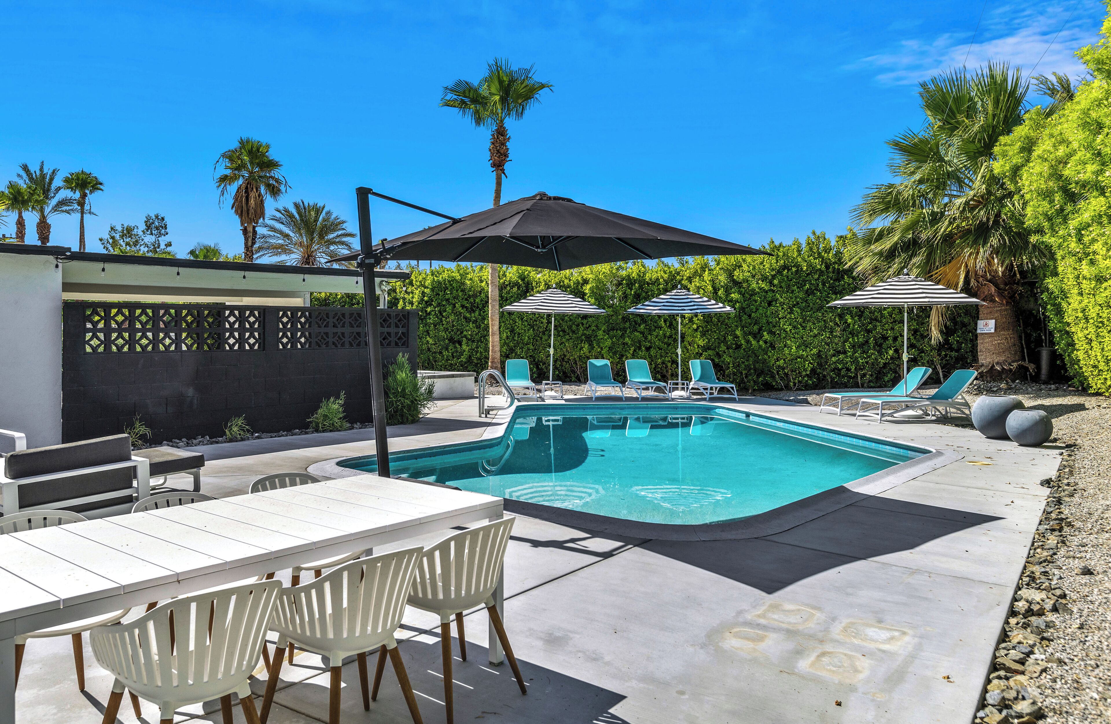 Une piscine entourée de palmiers et d’une haie, avec des chaises longues et des parasols.