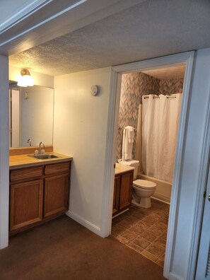 Combined shower/bathtub, towels