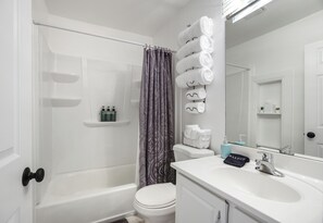 Combined shower/tub, hair dryer
