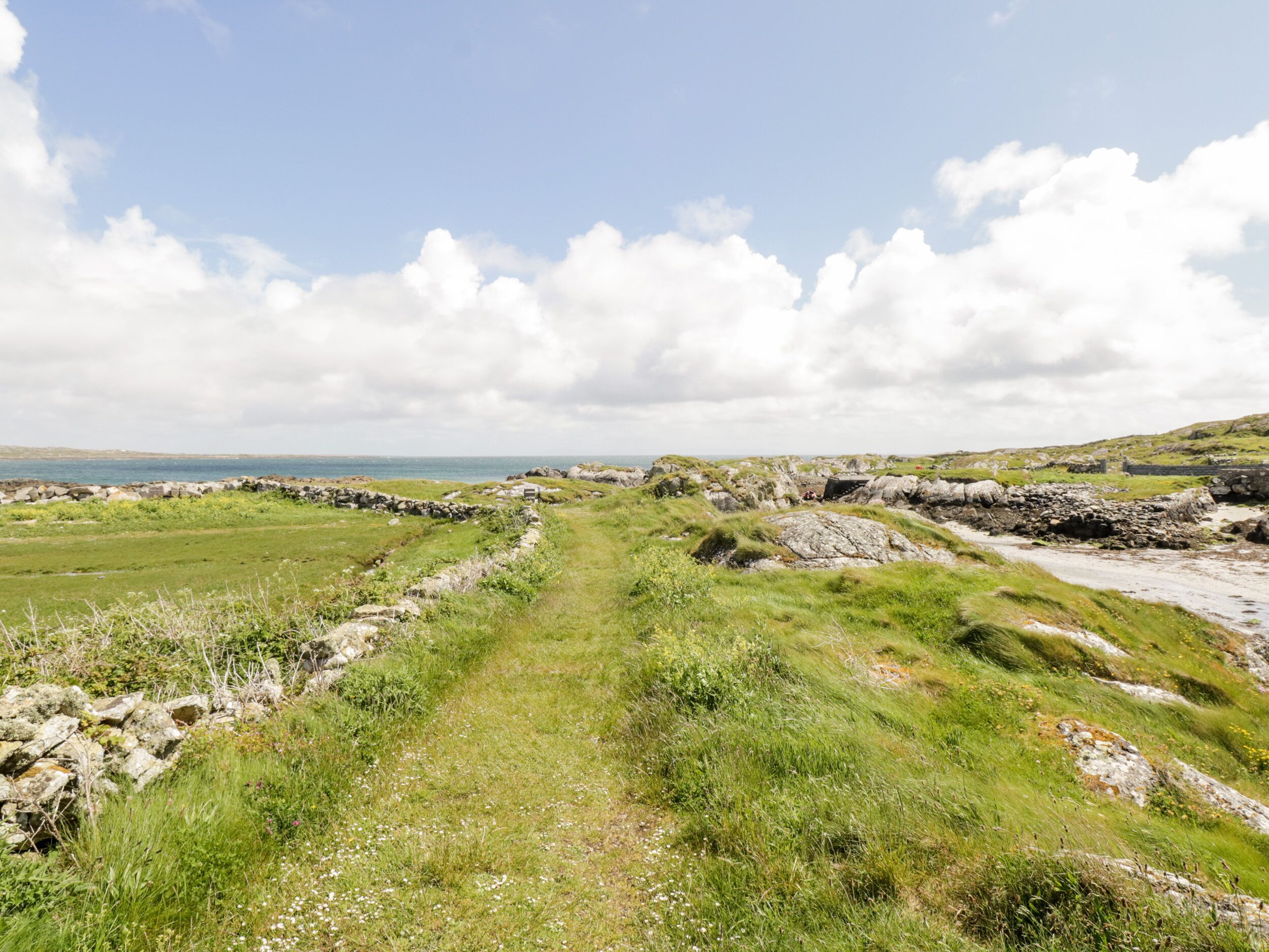 A coastal landscape with a grassy path leading to the sea, rocky outcrops, and a stone wall.