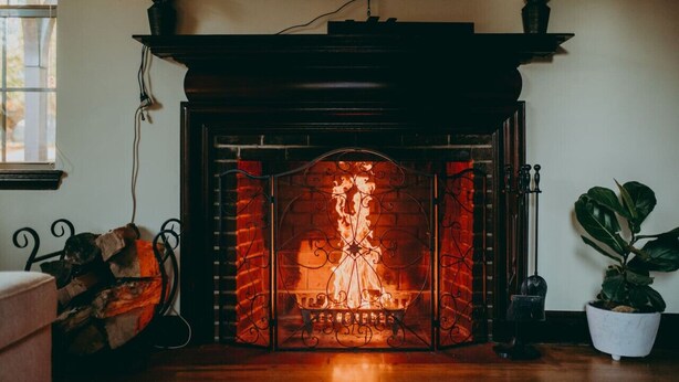 A fireplace with a fire, a television mounted above it, and a potted plant to the right. - The Conestoga Cottage | Hot Tub, Rustic Charm, Near Downtown Lancaster (Conestoga)