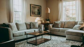 Smart TV, fireplace, books, stereo