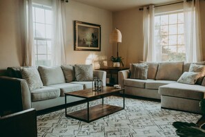 Smart TV, fireplace, books, stereo