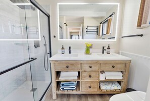 Shower, eco-friendly toiletries, hair dryer, bidet - Views from Bodega Head to Jenner! Luxurious Beds. Fireplace. Hot Tub. Dogs yes! (Bodega Bay)