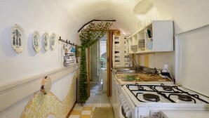 A narrow kitchen with a gas stove, a sink, and a small countertop. There are decorative plates on the wall and a plant hanging from the ceiling. - Giardino Segreto - Via Foria 216 (Ammezzato) (Napoli)