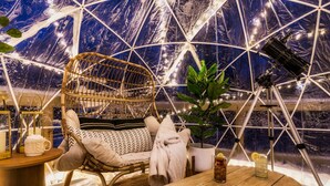 Un interior acogedor con una silla de mimbre, una mesa de madera, una planta en maceta y un telescopio.
