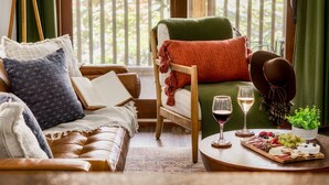 Un salón acogedor con un sofá de cuero, un sillón verde y una mesa redonda con una copa de vino y una tabla de embutidos.
