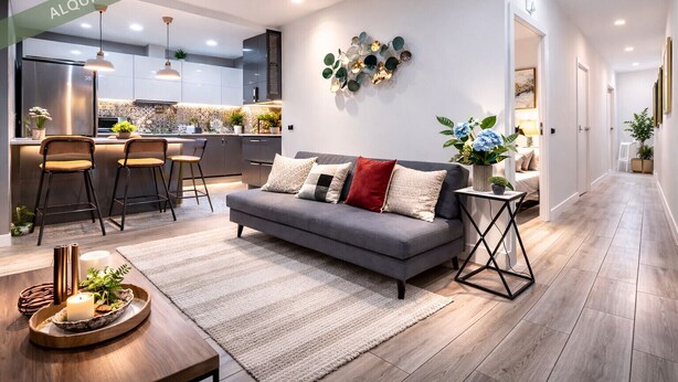 A modern living room with a grey sofa, a dining area with a wooden table, and a kitchen in the background.