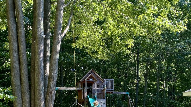 A wooden playhouse with a slide and swing set, surrounded by trees and a garden with flowers and rocks. - Private Home in Poconos -Country Club-New Renovated heated Pool, Beach, & more  (Tobyhanna)