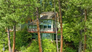 A multi-story house surrounded by dense forest.