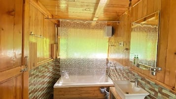 Tina con regadera, tina de hidromasaje, secadora de cabello, toallas