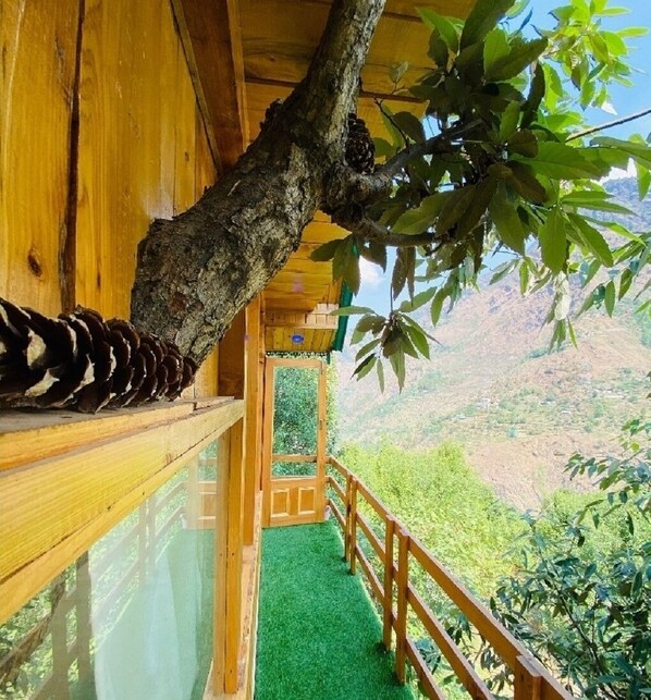 Surrounded by nature, this cozy retreat features a tree trunk ceiling, glass window, and artificial grass floor, blending seamlessly into the surrounding landscape.