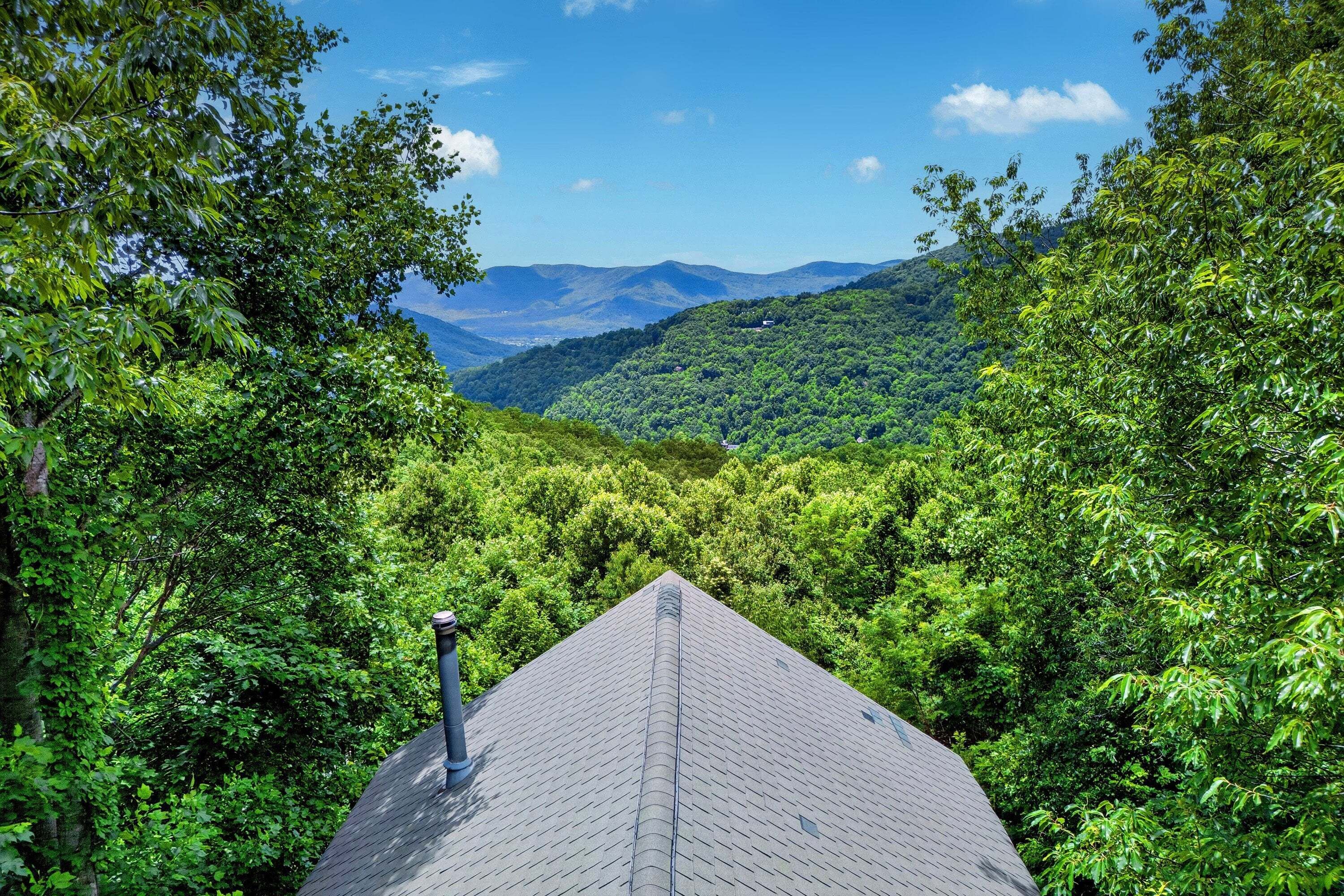 A roof with a chimney, surrounded by dense green foliage and distant mountains.