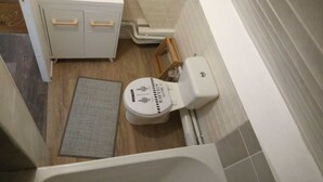 Een kleine badkamer met toilet, wastafel en douche.