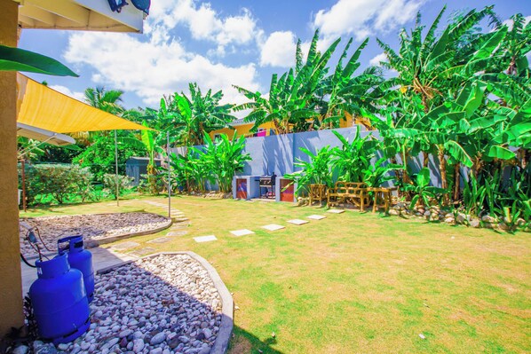 A garden with a pathway, a small pool, and a building with a blue door. - King Bed, Fully A/C, Pool, Gym, BBQ, Near beaches, Free Washer/Dryer (Ocho Rios)