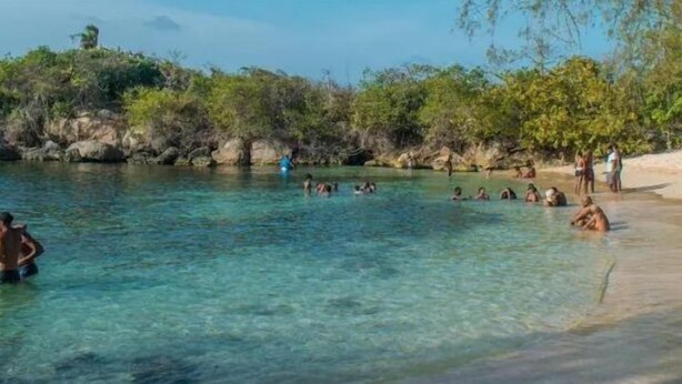 Ein Strand mit klarem Wasser, badenden Personen und Bäumen im Hintergrund.