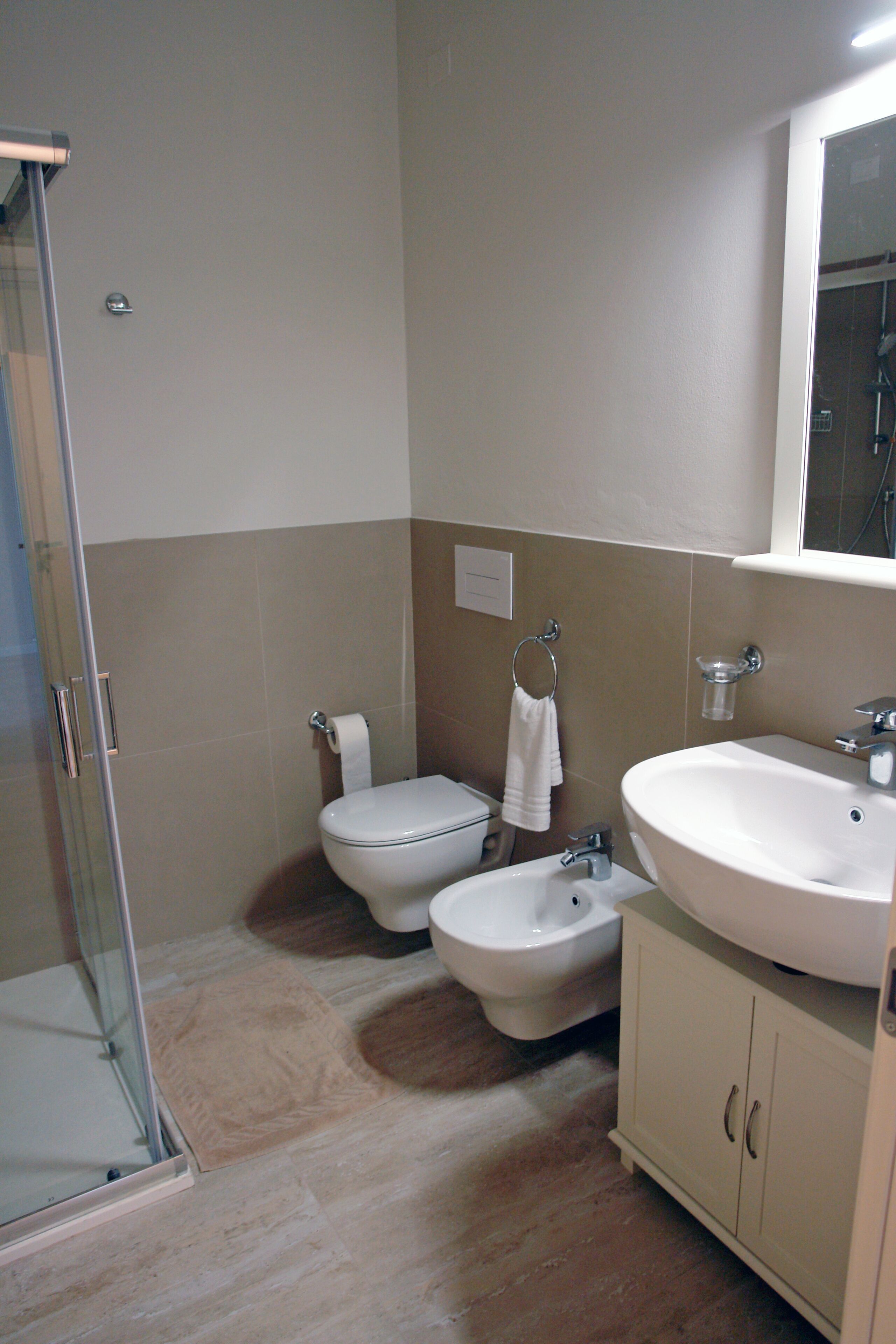 A bathroom with a shower, toilet, bidet, and sink.