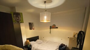 A bedroom with a bed, a cat tree, a hanging light fixture, and a radiator. - Appart Avec Garage et Terrasse Thier Buffon (Avignon)