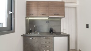Uma cozinha compacta com lava-louças embutida, uma pia de aço inoxidável e armários de madeira acima.