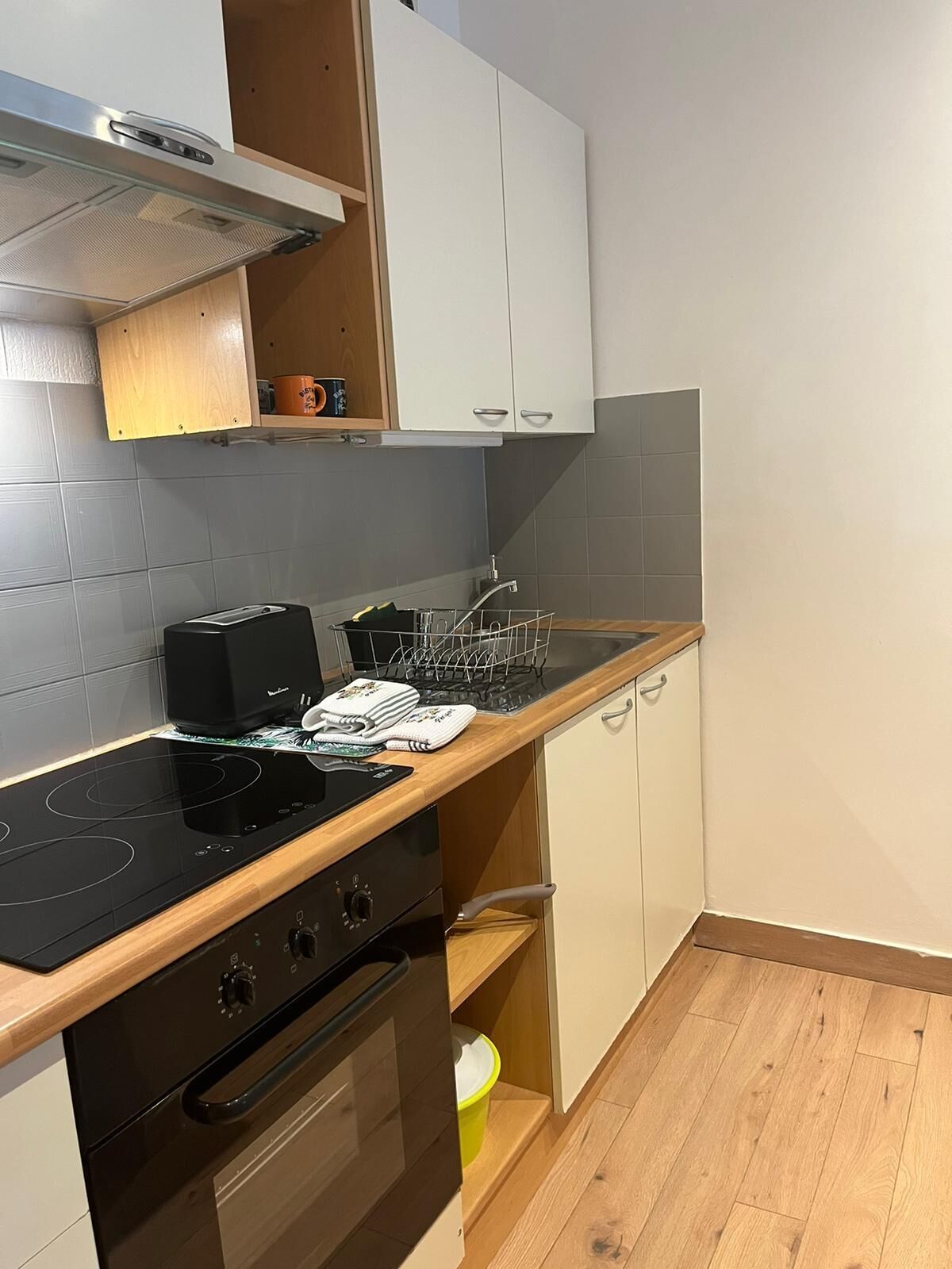 A compact kitchen with a black induction cooktop, a built-in oven, and a small sink.