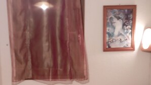 Una stanza con un divano a motivi floreali, un quadro appeso al muro e una finestra con tenda leggera.