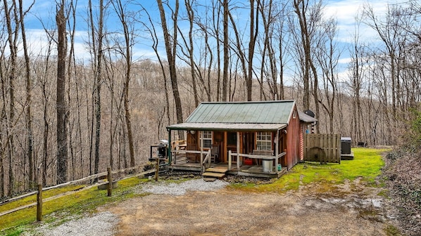 A rustic cabin with a metal roof, surrounded by a wooden deck and a gravel path.