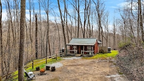 A rustic cabin surrounded by tall trees, with a gravel path leading to it. - Lazy Lane Cabins - Lazy Lane (South Bloomingville)