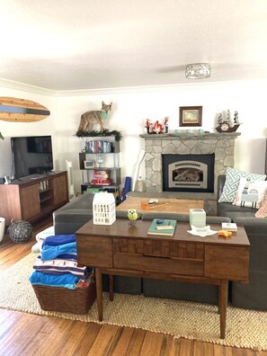 Smart TV, fireplace, table football, books