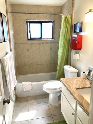 Ensemble douche/baignoire, sèche-cheveux, serviettes fournies, savon