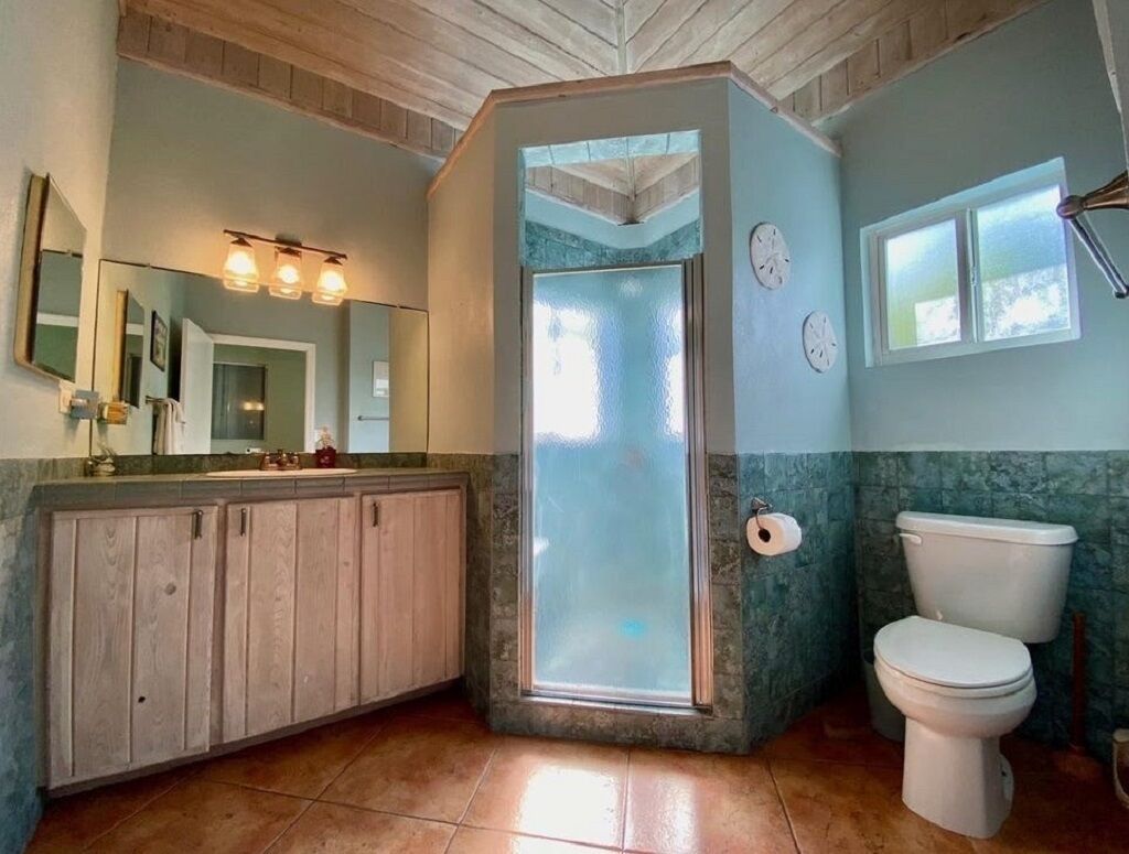 A bathroom with a shower enclosure, a toilet, and a sink with a mirror.