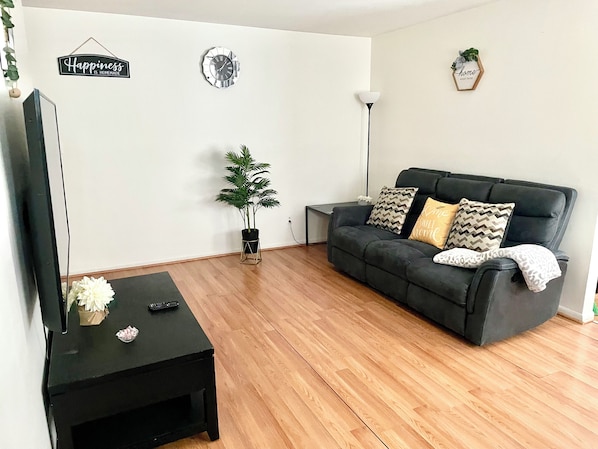 Un salon avec un canapé noir, un téléviseur posé sur un meuble noir, une plante en pot et deux éléments de décoration murale.