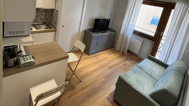 A compact living space with a kitchenette, a dining area, a seating area with a sofa, and a television. - Carpegna House. Lovely apartment: Rome (Roma)