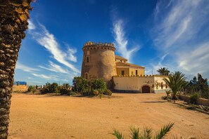 A historic building with a tower, surrounded by palm trees and a clear sky.