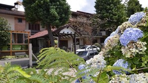 A residential area with a house featuring a wooden porch, a car parked in front, and lush greenery including hydrangeas and ferns. - Hotel Alpenhof (Gramado)