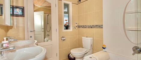 Une salle de bain avec un lavabo, des toilettes et une baignoire.