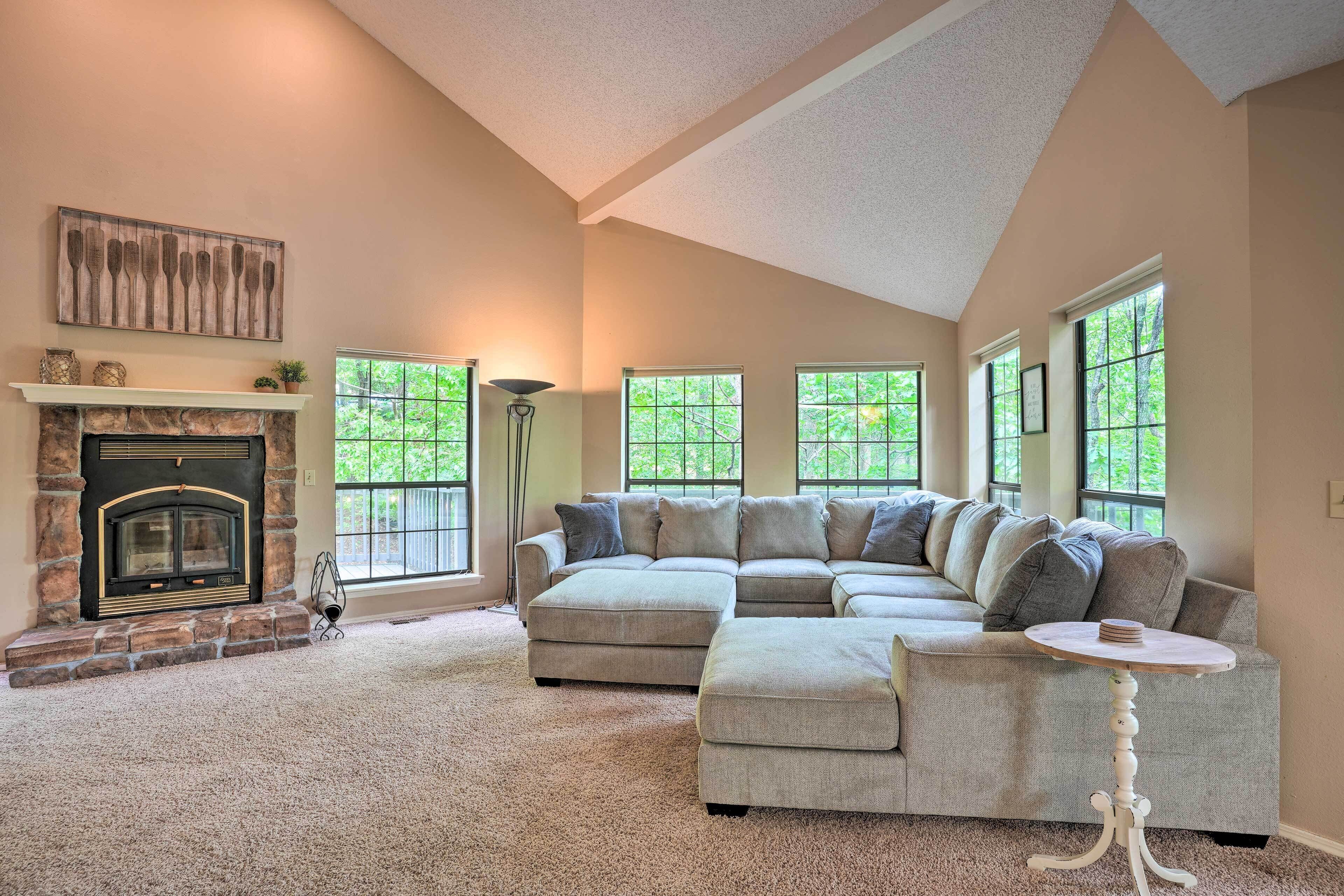 TV, fireplace, books