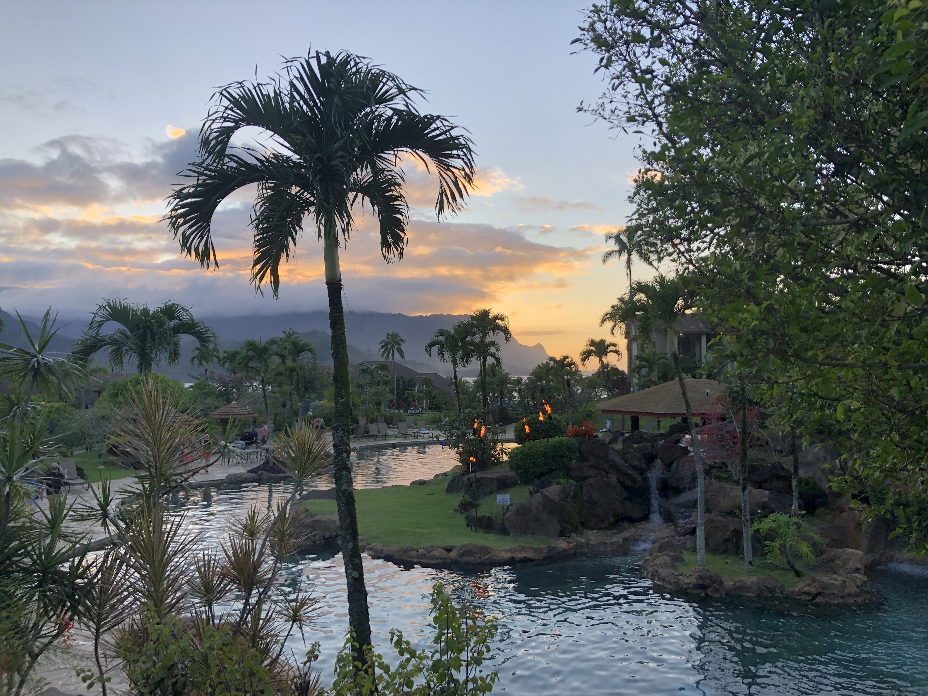 Ein Resort mit Pool, Palmen und einem Wasserfall.