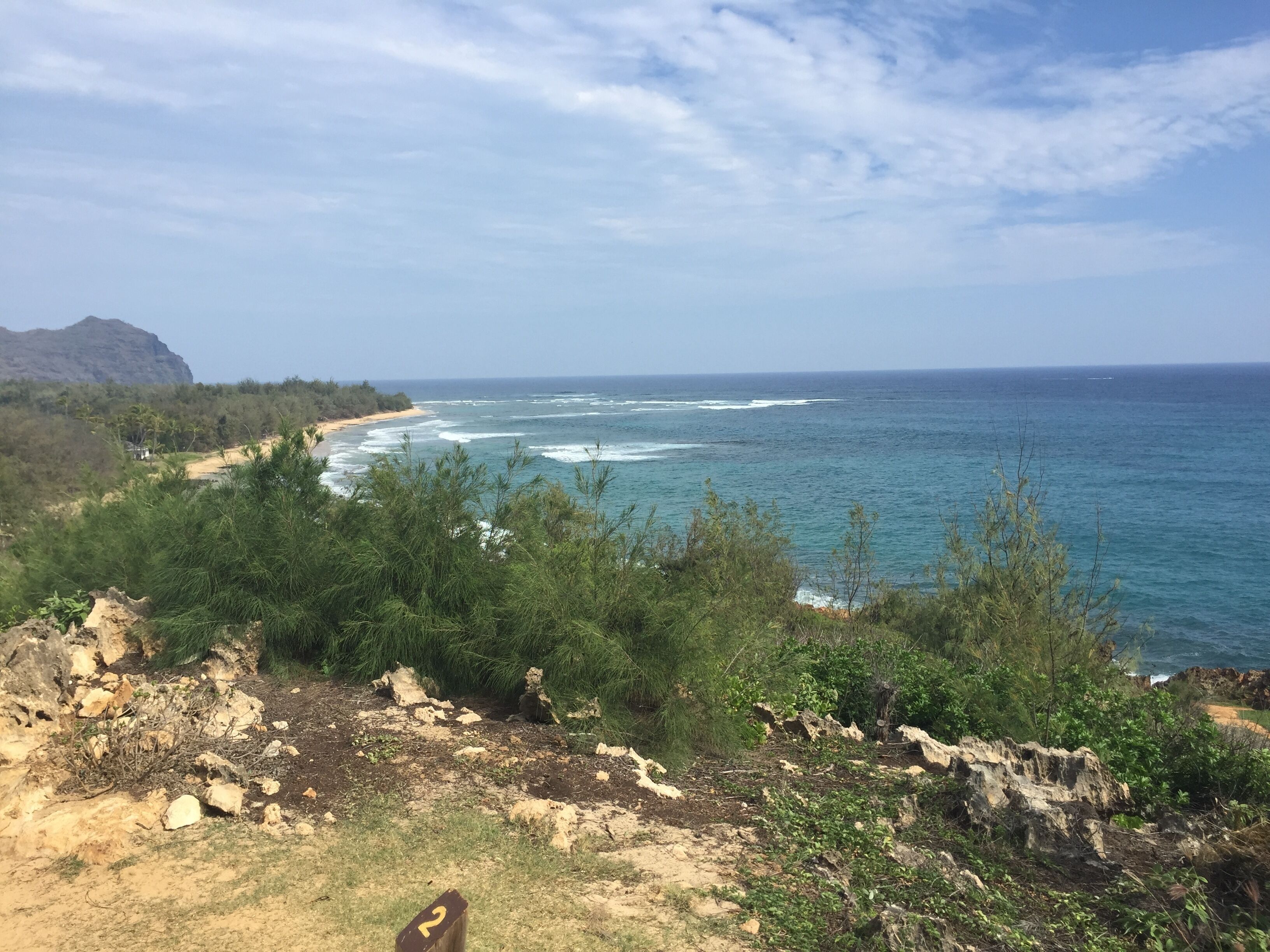 A coastal landscape with a beach, rocky terrain, and dense vegetation.