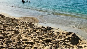 A beach with clear water, a sandy shore, and a distant island.