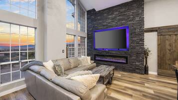 Smart TV, fireplace, video games, offices
